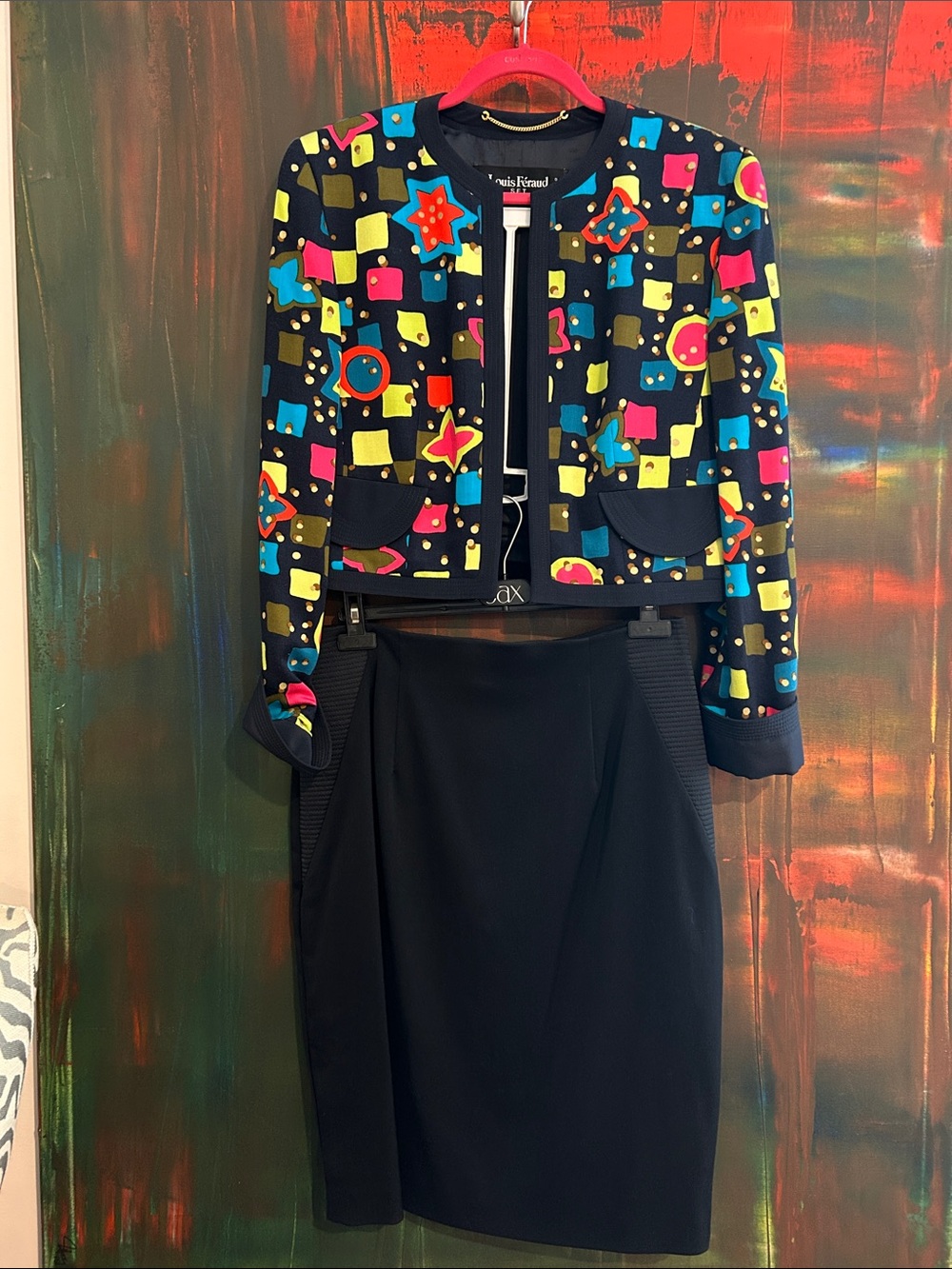 Louis Feraud Black Skirt Set with Multicolor Geometric Jacket